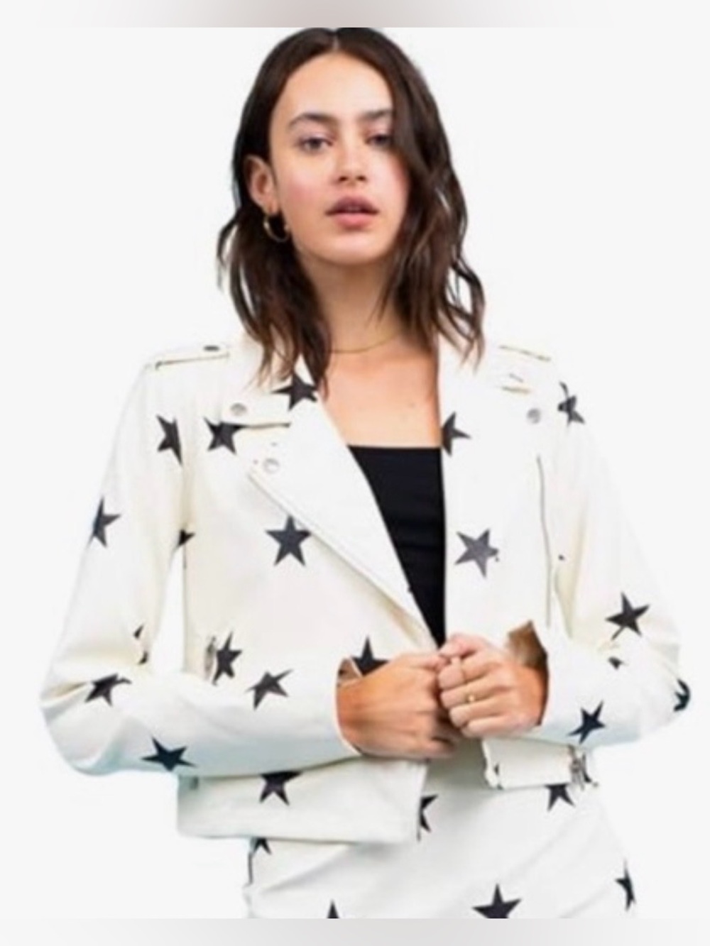 Le Lis White Moto Jacket with Black Star Print